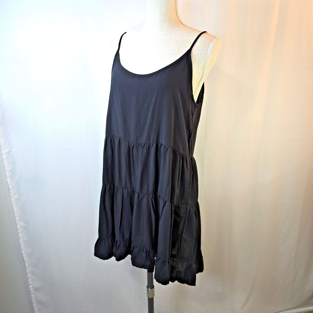 Panhandle Black Spaghetti Strap Mini  Sun Dress Size Large Ruffle Tiered Summer